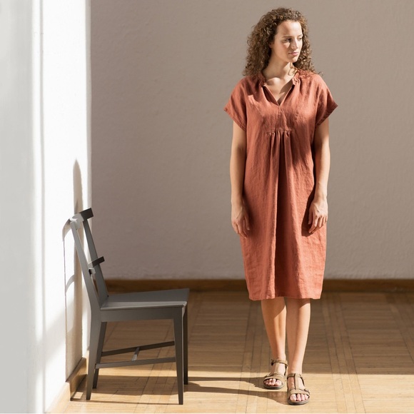 Linencloud linen lavender Tunic Midi dress 3/4 sleeve dress. - Picture 2 of 14